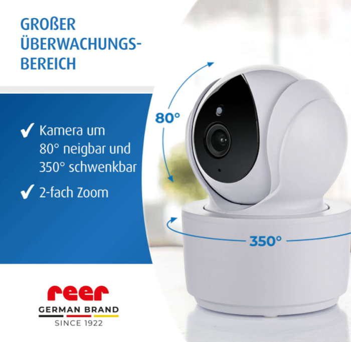 Ferngesteuerte Kamera-Einheit der Reer BabyCam XL Move, motorisiert um 350 Grad schwenkbar und 80 Grad neigbar für die lückenlose Überwachung.